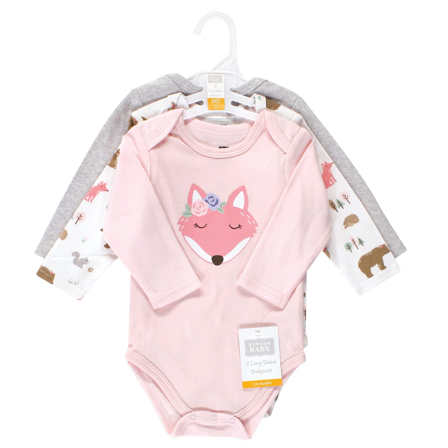 Hudson Baby Unisex Bodysuits Cotton Long-Sleeve Girl Fox, 6-9 Months, Girl Fox 3-Pack, 6-9 Months Us