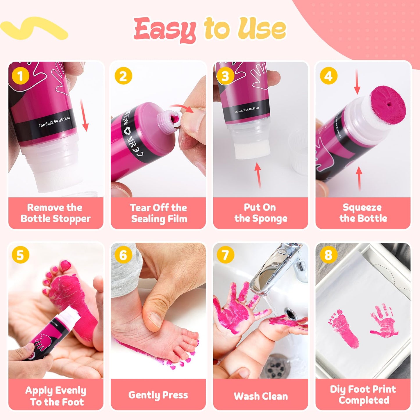 Nabance 2.54 Fl Oz Pink Baby Hand And Footprint Friendly Ink Paint, Dog Cat Paw Print Safe Ink, Non-Toxic Acid-Free, Safe Gentle