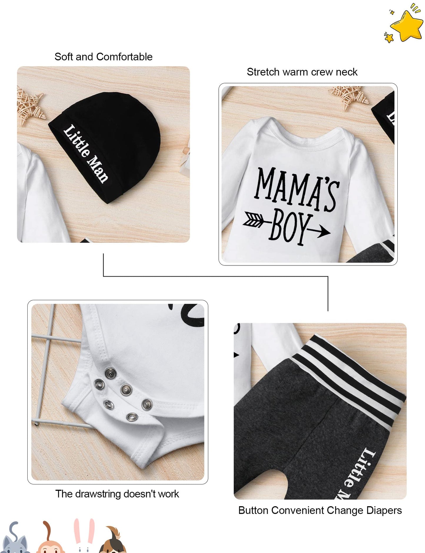 Baby Boy Clothes 0-3 Months Mama 'S Boy Outfits Long Sleeve Romper+ Little Man Pants+Hat 3Pcs Fall Clothing Sets
