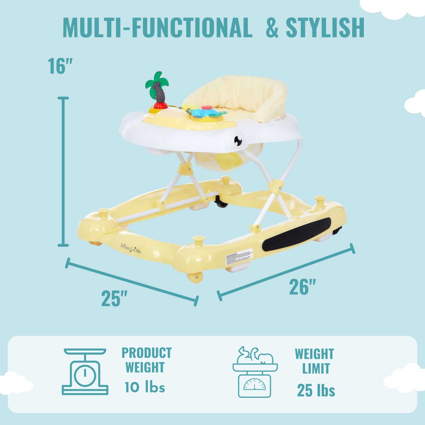 Dream On Me 2-In-1 Aloha Fun Baby Walker In Yellow, Easily Convertible Baby Walker, Adjustable Three Position Height Settings, E