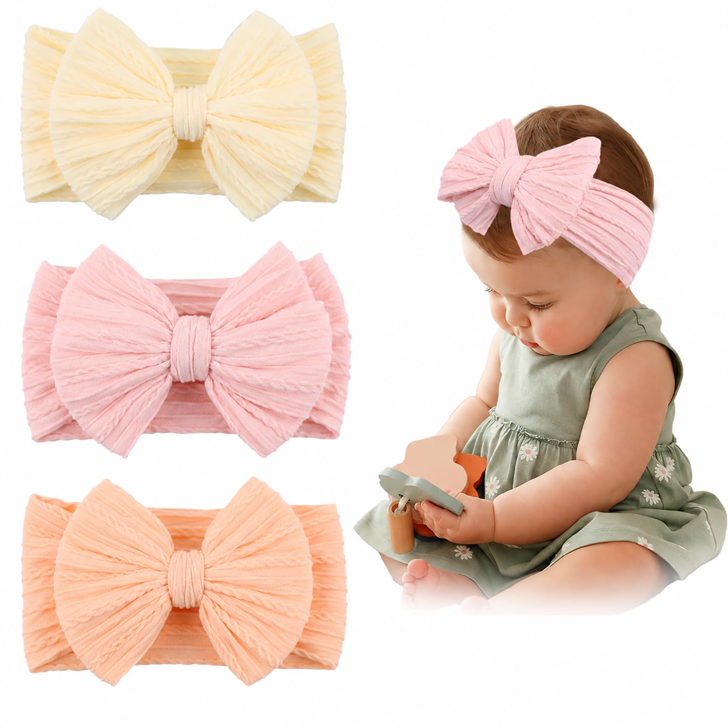 3 Pcs Baby Hairband Soft Stretchy Cute Bow Headbands For Baby Girl Hair Bands For Baby Girl, Baby Hair Bands 06 Months, Hairban