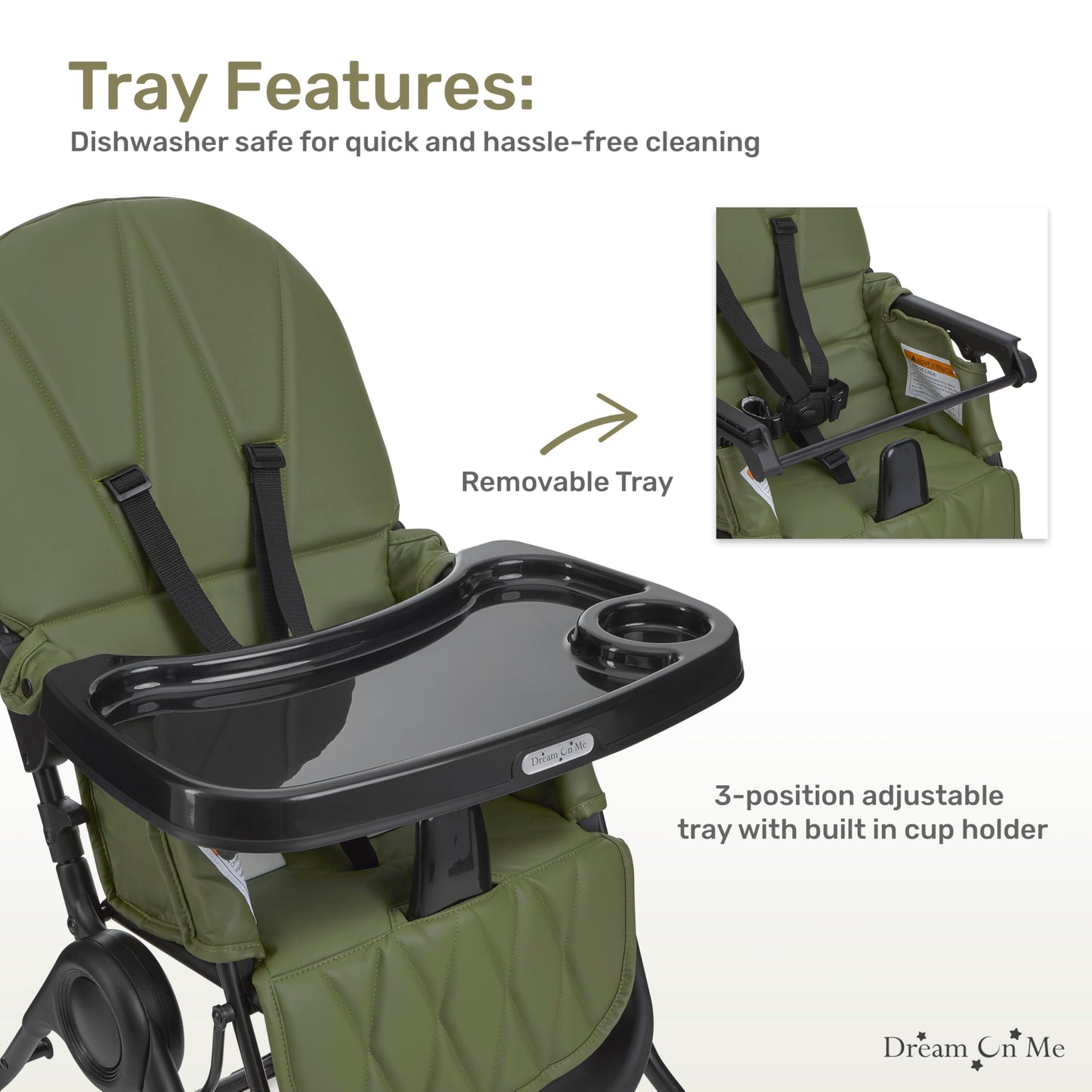 Dream On Me Snack and Stow Baby High Chair in Olive - Easy to Fold and Store, Portable Travel Chair With Removable and Three Pos