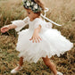 2Bunnies Girl Peony Lace Back A-Line Tiered Tutu Tulle Flower Girl Dress (White Bell Sleeve, 2T)