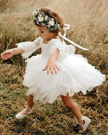 2Bunnies Girl Peony Lace Back A-Line Tiered Tutu Tulle Flower Girl Dress (White Bell Sleeve, 2T)