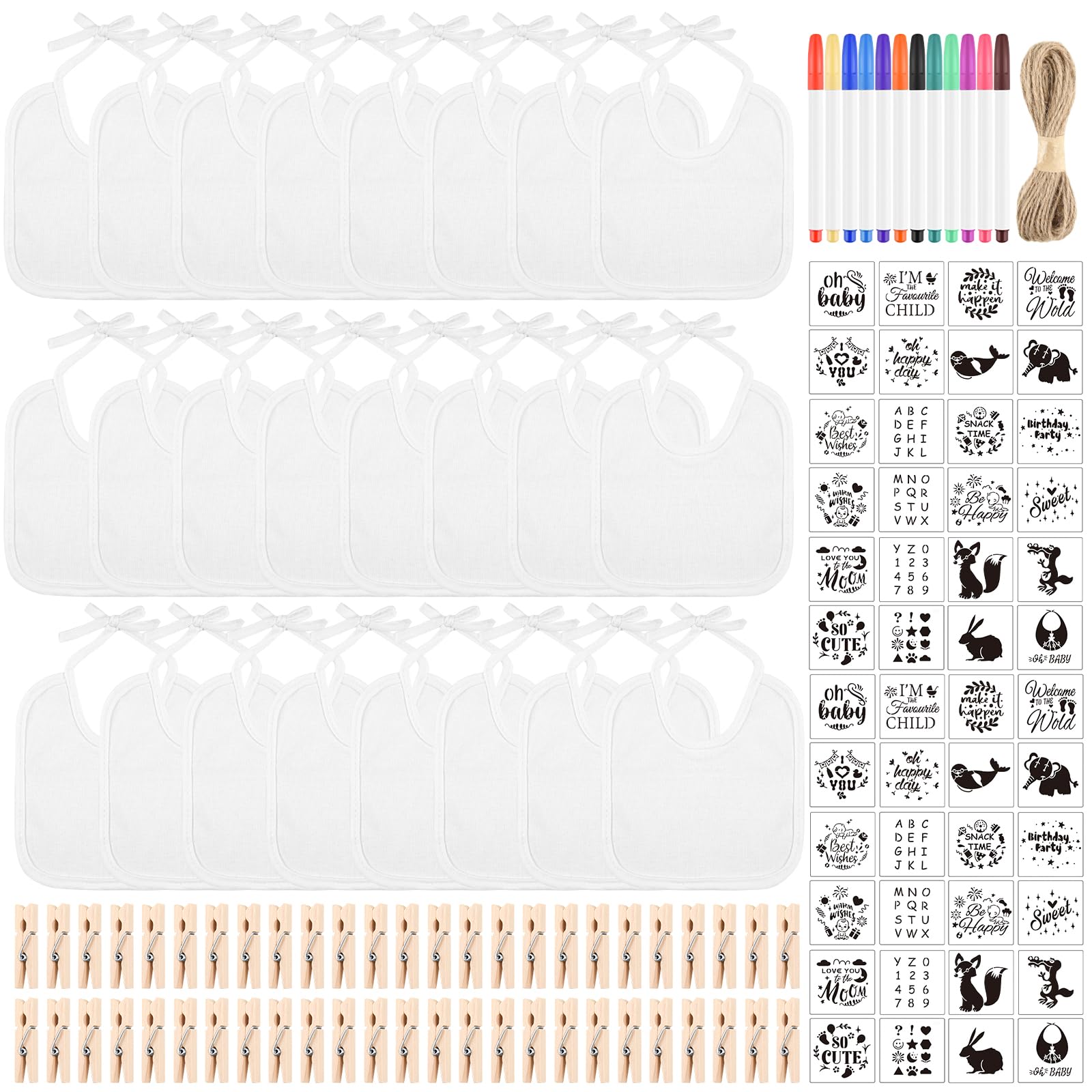 BOUBONI 110 Pcs DIY Baby Bibs Decorating Set Includes 24 White Bibs, 12 Fabric Markers, 24 Stencils, 50 Clothespins, 1 Hemp Rope