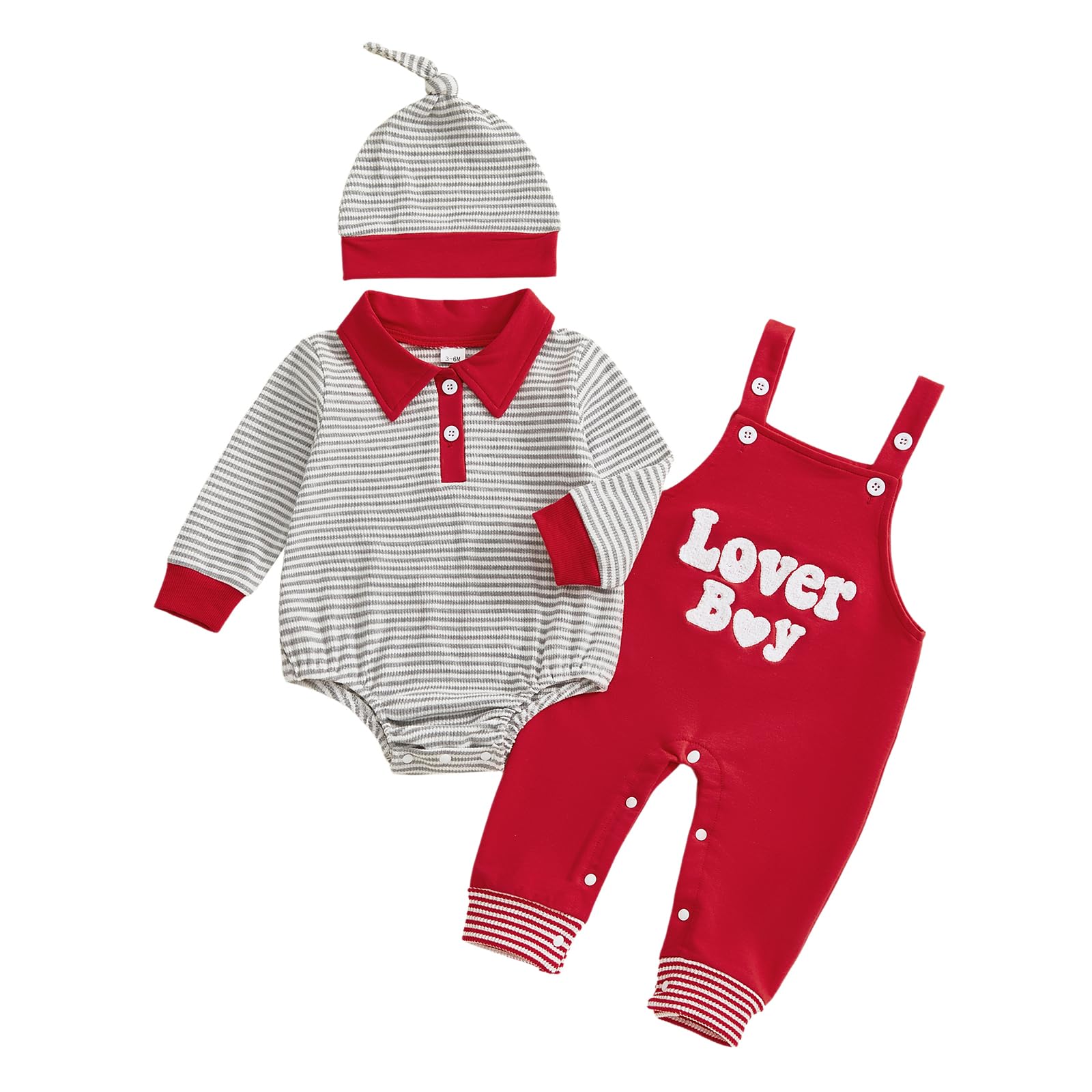 BeQeuewll Baby Boy My First Valentines Outfit Infant Polo Romper Letter Heart Embroidery Overalls Pants Set Newborn Clothing (Lo