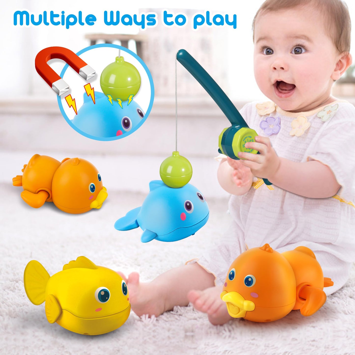 Dwi Dowellin Bath Toys for Toddlers, Magnetic Fishing Games Kids Bathtub Toys, Mold Free Wind-up Toys Swimming Fish Duck Whale F