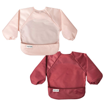 Tiny Twinkle Mess Proof Baby Bib, 2 Pack Long Sleeve Bib Outfit, Waterproof Bibs For Toddlers, Machine Washable, Tug Proof (Rose