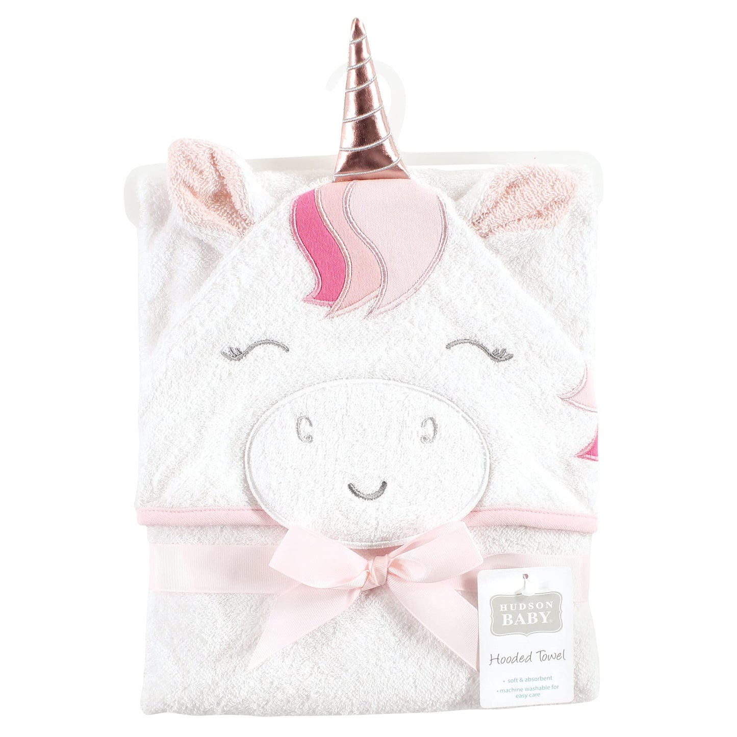 Hudson Baby Unisex Baby Cotton Animal Face Hooded Towel, Rose Unicorn, One Size