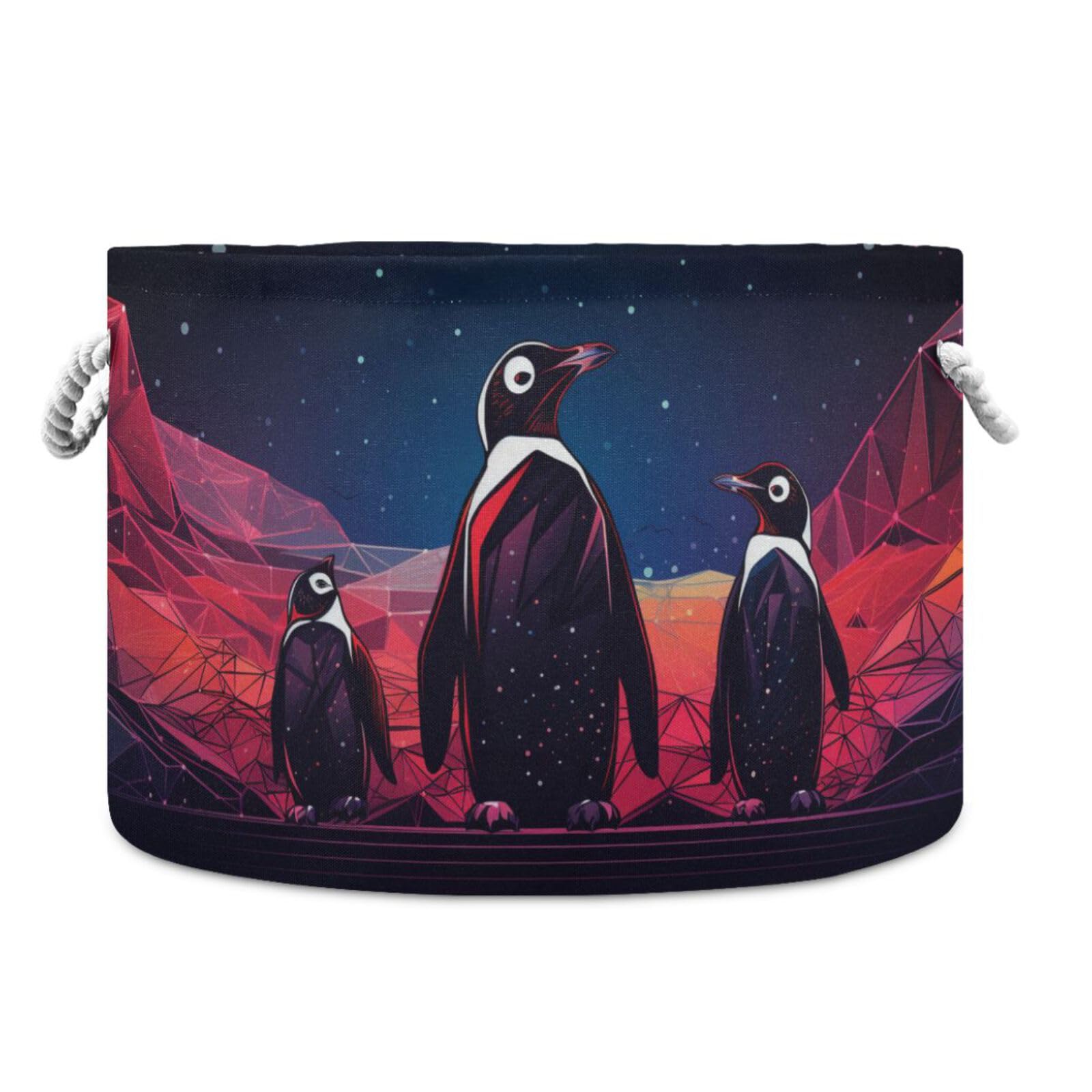 Canvas Storage Organizer Bin, Penguin (4) Storage Basket Laundry Hamper with Handle for Clothes Playroom Decor, Large, 20 in Dia