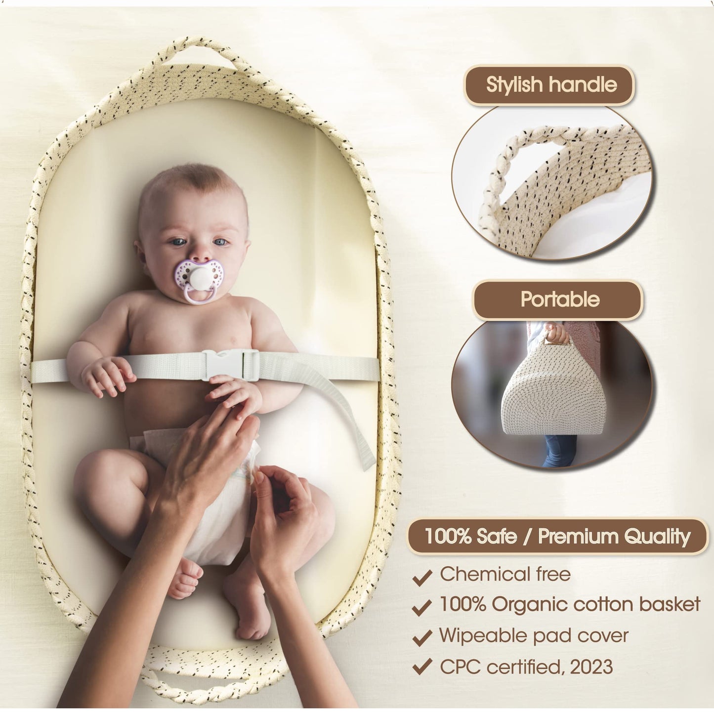 J&Joo Baby Changing Basket - Wipeable & Waterproof Pad Cover, Portable, Changing Table Topper, Changing Pad For Dresser, Cotton