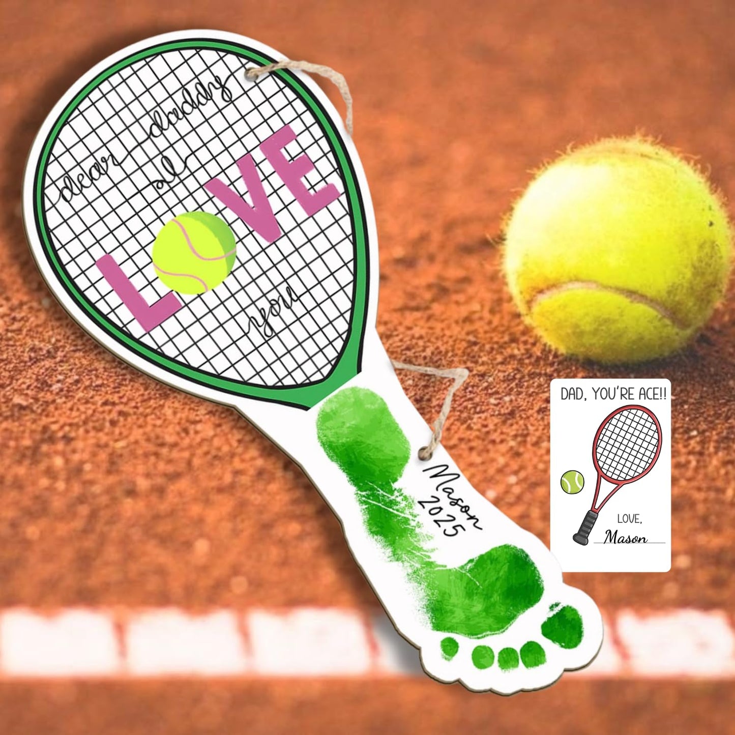 DIY Tennis Daddy Footprints Sign, Custom Footprint Keepsake I Love You Racket Shaped, Personalized Tennis Sign, DIY Kids Craft, 