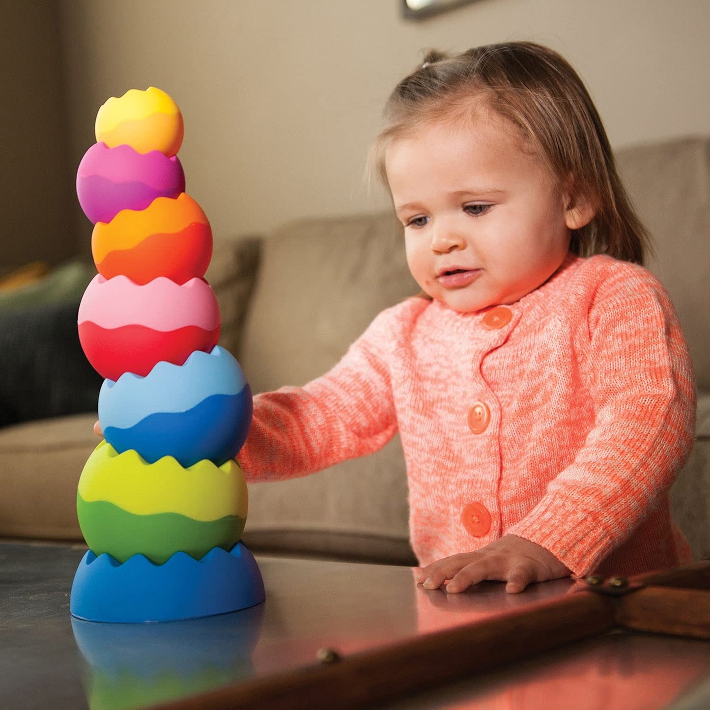 Fat Brain Toys Tobbles, Mini Spinny, Dimpl Bundle - 9-Piece Stacking Toys, Spinning Toy, Popper Toy Combo, Baby Toys Activity Se