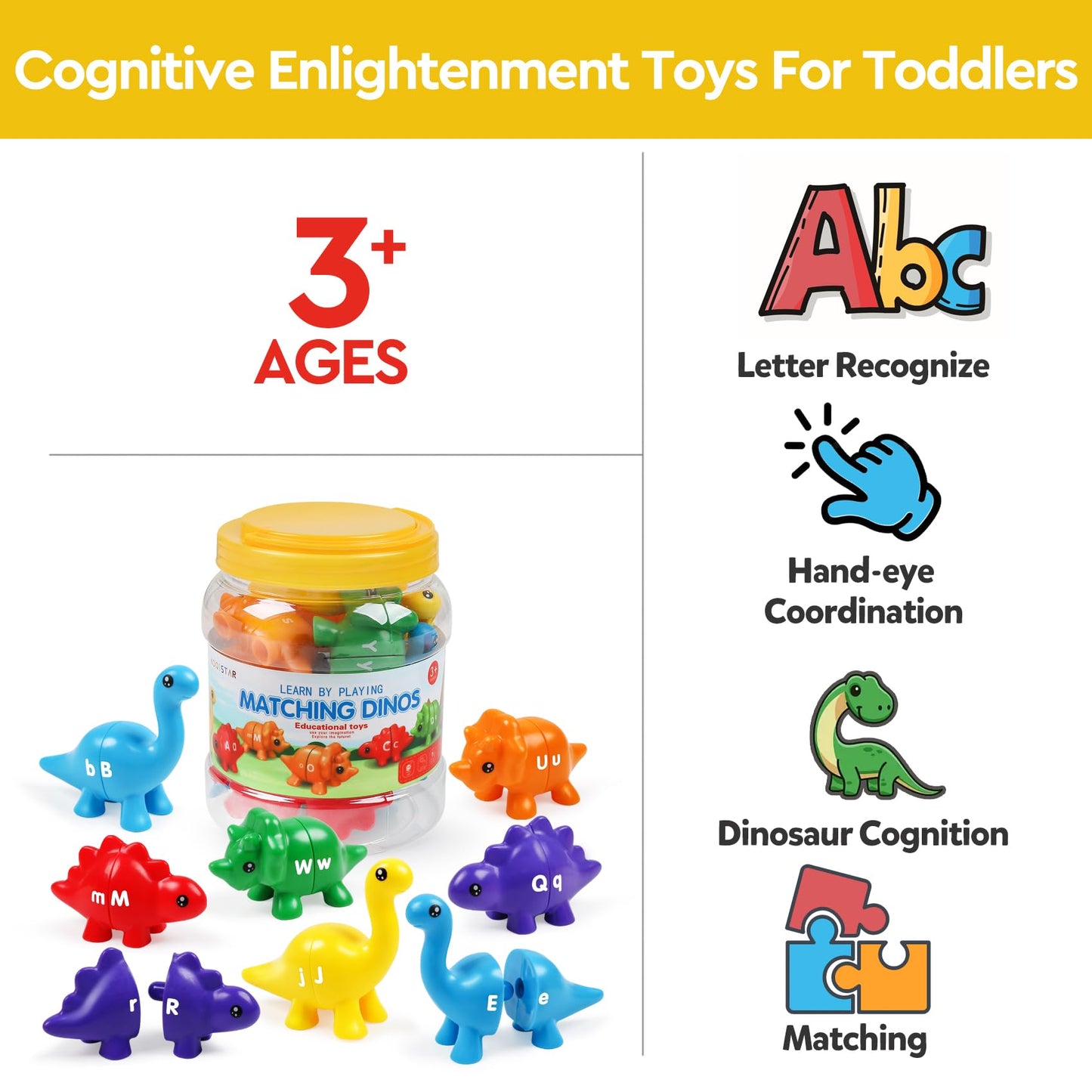 GKDOMS ABC Letters Matching Dinosaur Toys, Double-Sided Alphabet Learning Toy Childrens Day Gifts for Kids : Uppercase Lowercase