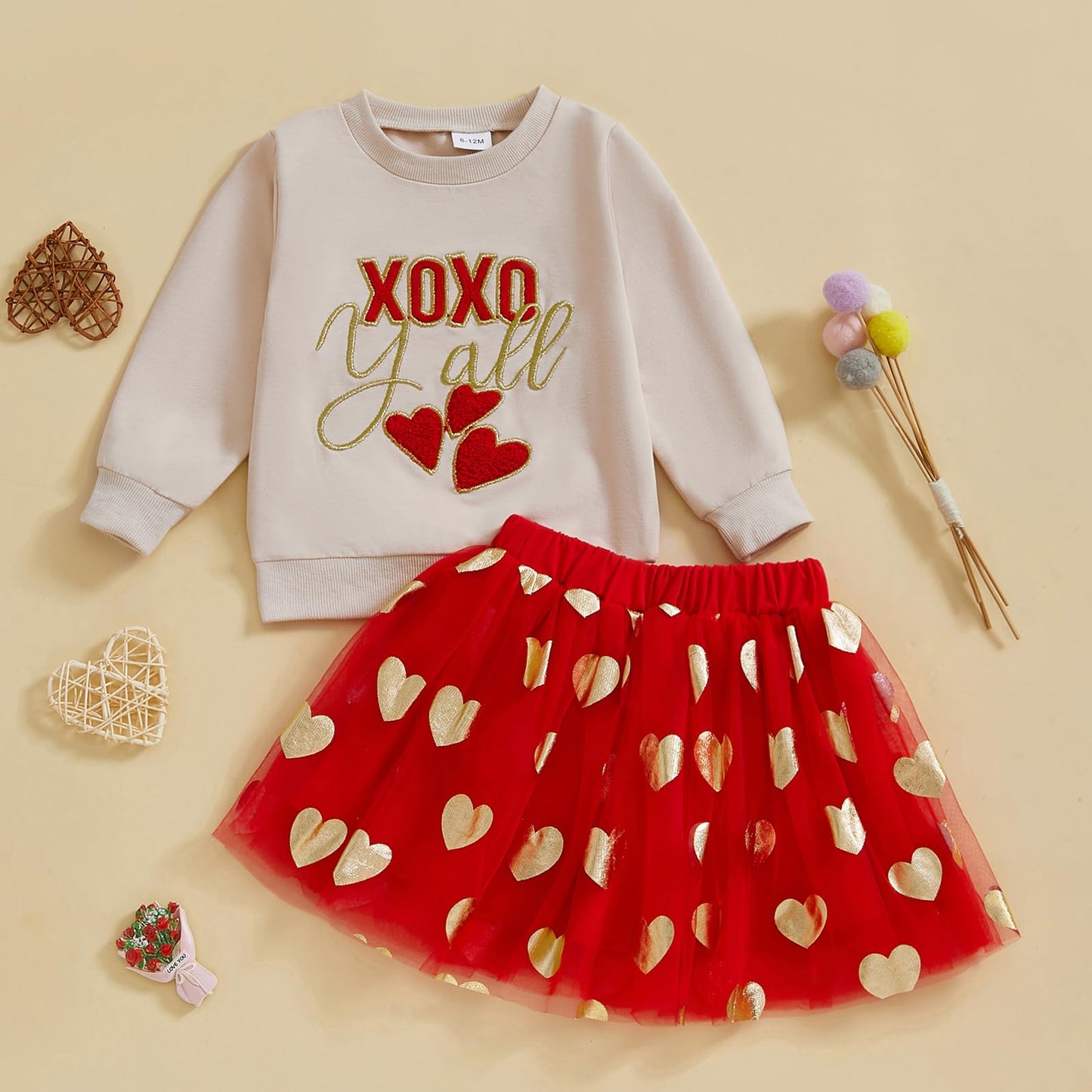 Toddler Baby Girl Valentines Day Outfit Red Love Heart Bow Sweatshirt And Tulle Tutu Skirts Set Cute Spring Clothes (Apricot Xox