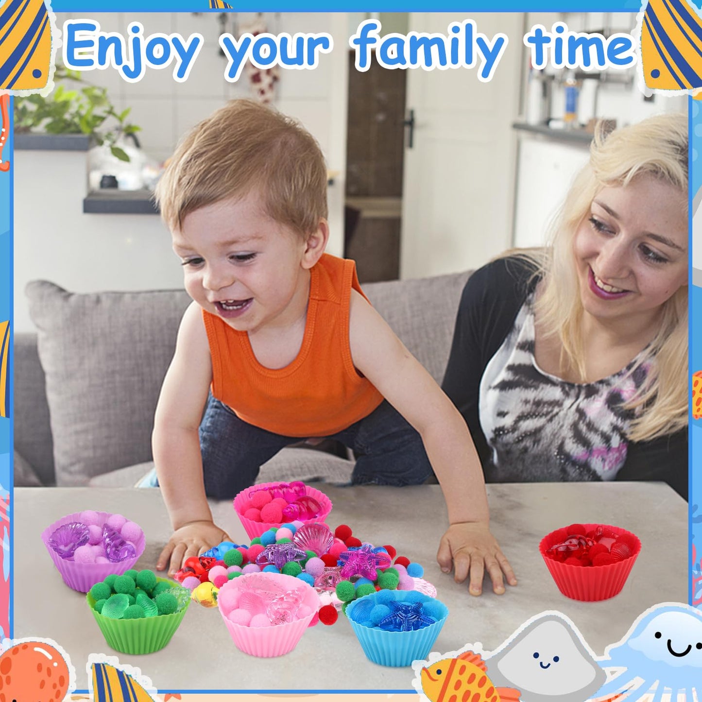 355 Pcs Summer Beach Sensory Bin Filler Fine Motor Toys Counting Sorting 200 Felt Toys 140 Resin Beach Creatures 8 Tweezers 6 Si