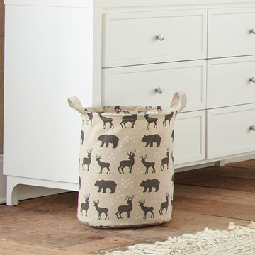 Levtex Baby - Logan Nursery Hamper - Round Fabric Storage Hamper - Bears And Deers - Taupe And Black - Nursery Accessories - Siz