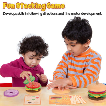 Aizweb Montessori, Stacking Toys- Wooden Burger for 3 Year Old Toddlers and Kids Preschool, Fine Motor Skill Educational Learnin
