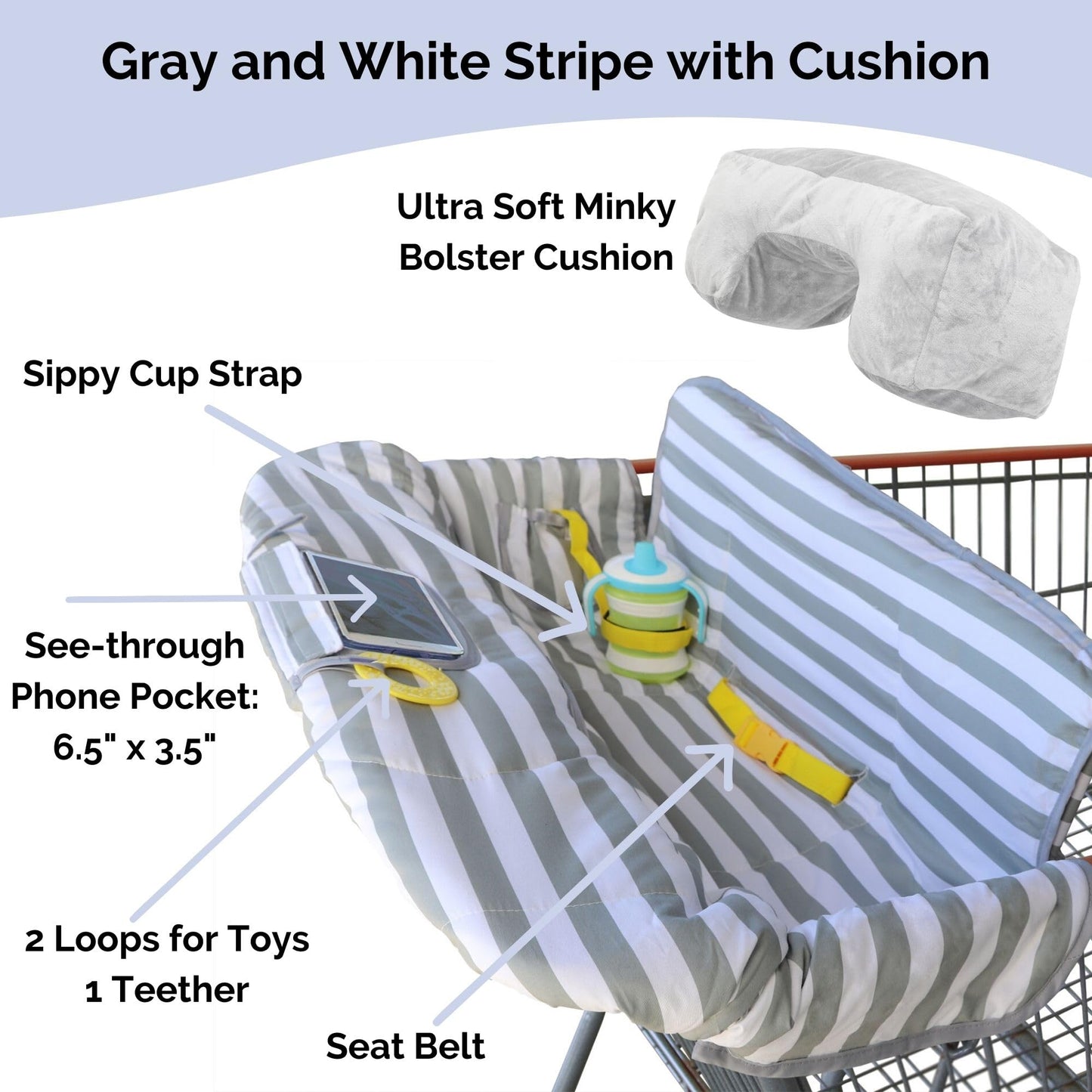 Suessie Shopping Cart Cover And High Chair Cover With Bolster Support Pillow (Gray And White Stripe With Cushion)