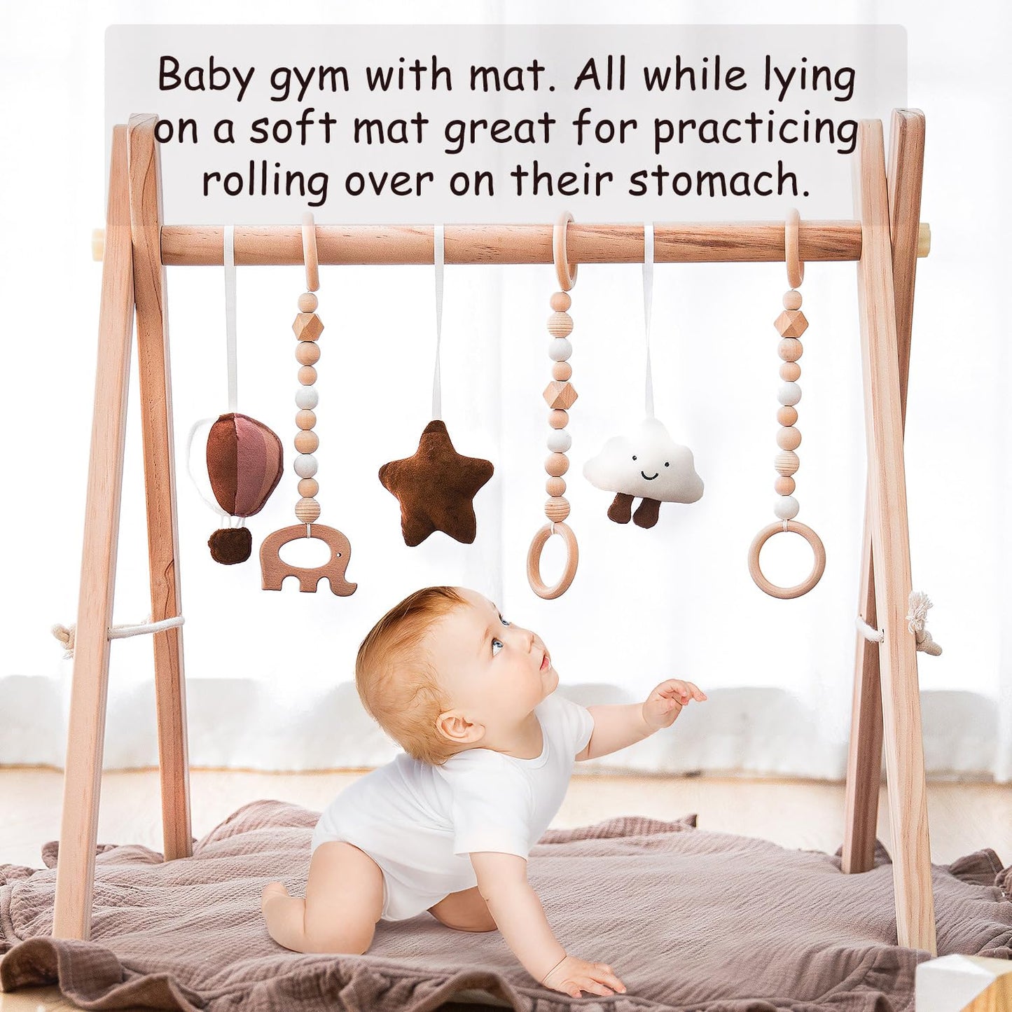 Razee Wooden Baby Play Gym Play Mat, Baby Gym With 6 Hanging Sensory Toys Foldable Baby Gym For Newborn Shower Gift