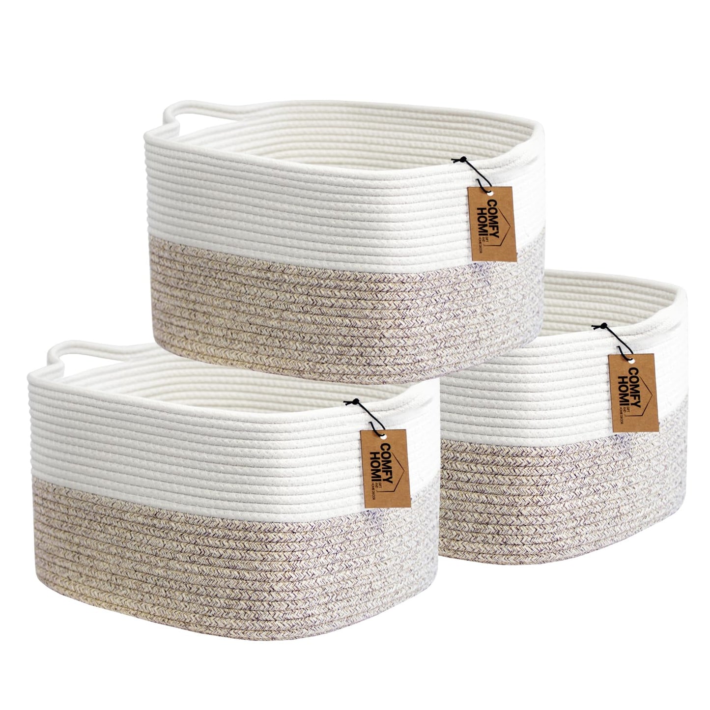 Comfy-Homi 3-Pack Cotton Rope Woven Basket With Handles For Shelves, Book, Toys, Cloth Baskettowel Basket For Storagenursery Bab