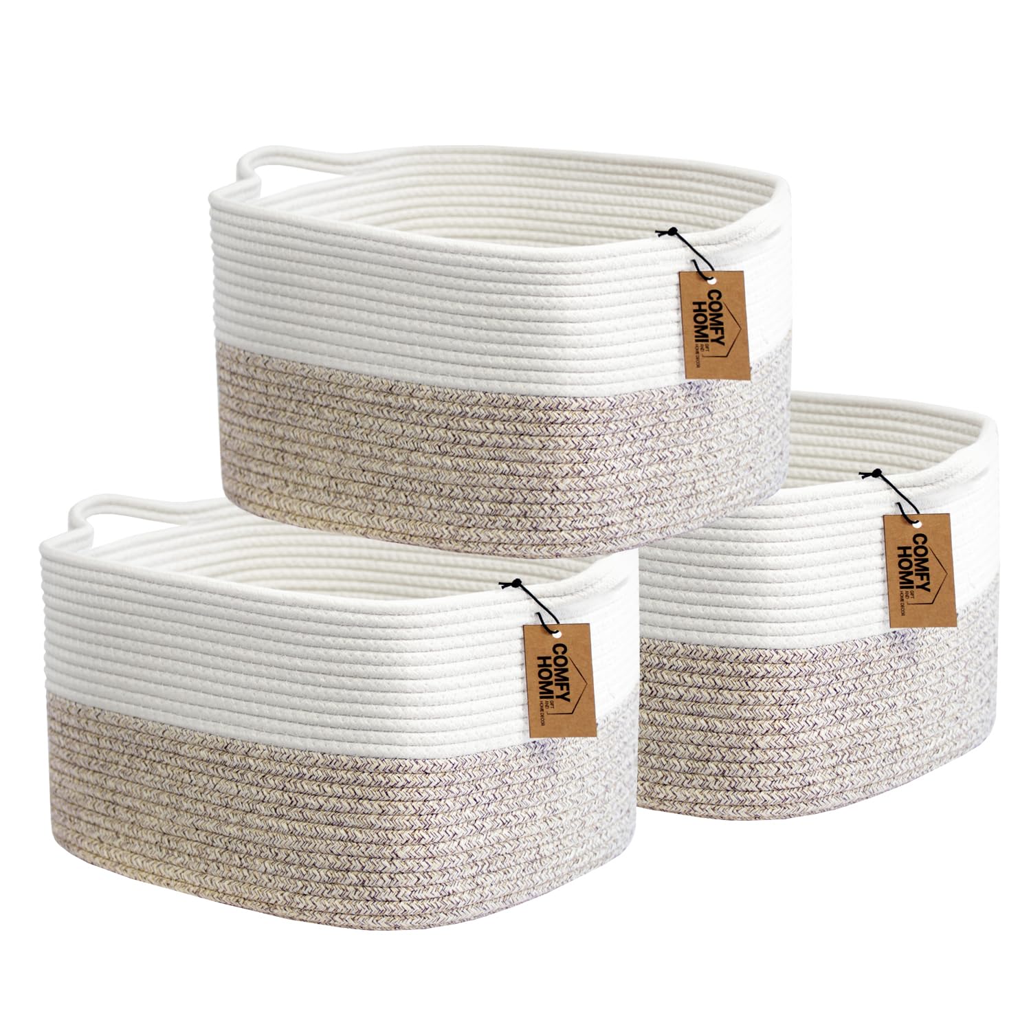 Comfy-Homi 3-Pack Cotton Rope Woven Basket With Handles For Shelves, Book, Toys, Cloth Baskettowel Basket For Storagenursery Bab