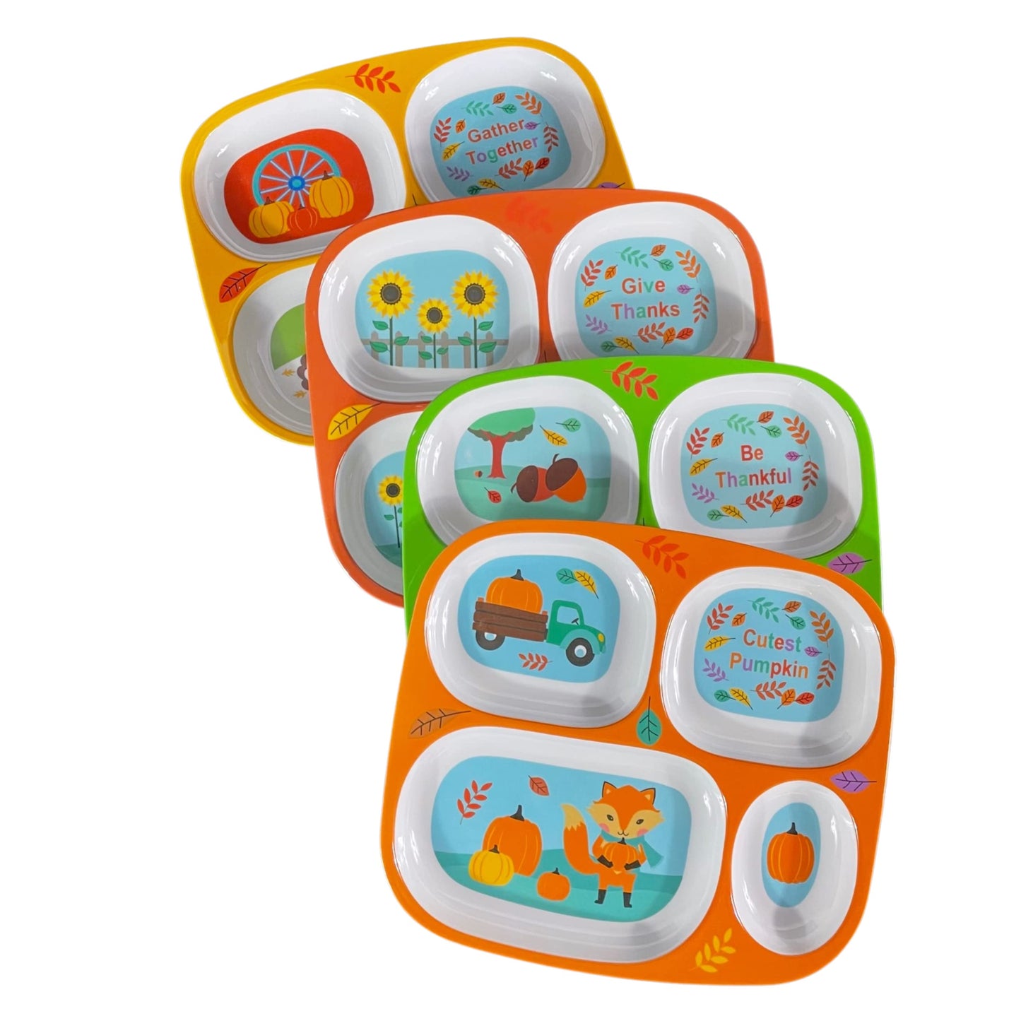 4E'S Novelty Fall Thanksgiving Dinnerware Divided Plates For Kids Melamine Plastic - Set Of 4 Thanksgiving Themed Dishes Plates,