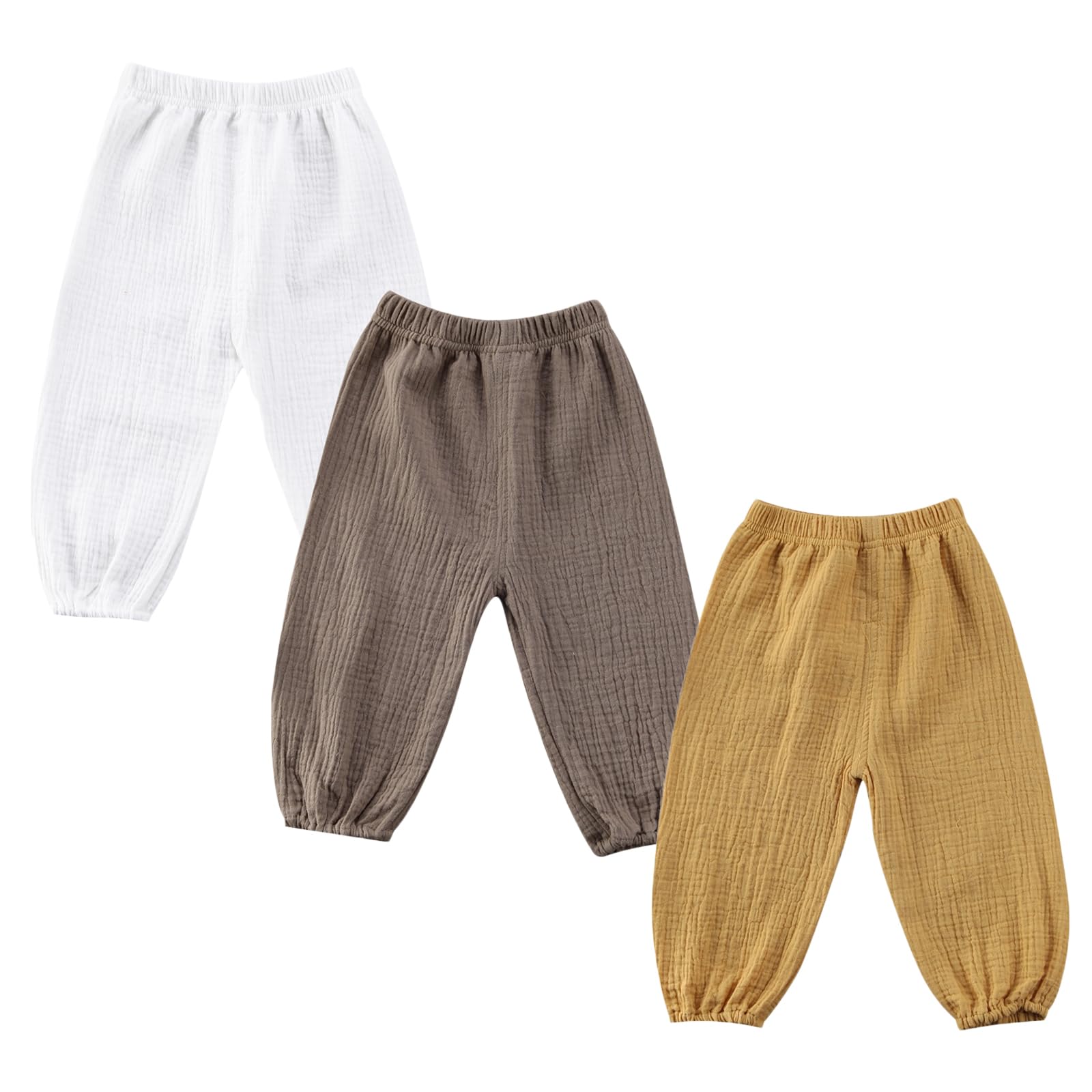 Toddler Baby Boys Girls 3 Pack Cotton Linen Bloomers Pants Solid Color Basic Plain Baby Clothes Joggers(B-Khaki Yellow White,2-3