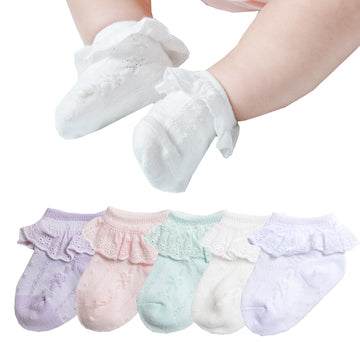Epeius 5 Pack Infants Baby-Girls Eyelet Frilly Lace Socks Princess Ankle Socks For 6-12 Months,Bow Pattern,White/Ivory/Pink/Purp