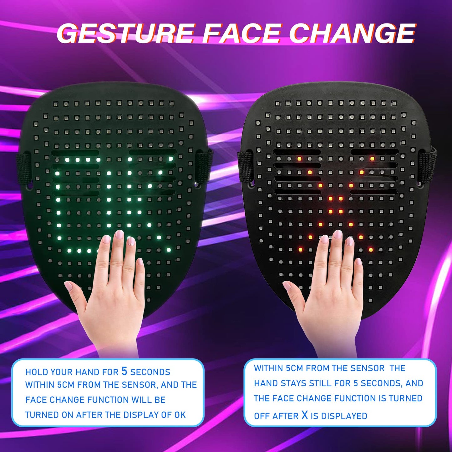 Depointer Life Led Mask With Gesture Sensing,Unisex Led Lighted Face Transforming Mask For Costume Cosplay Party Masquerade