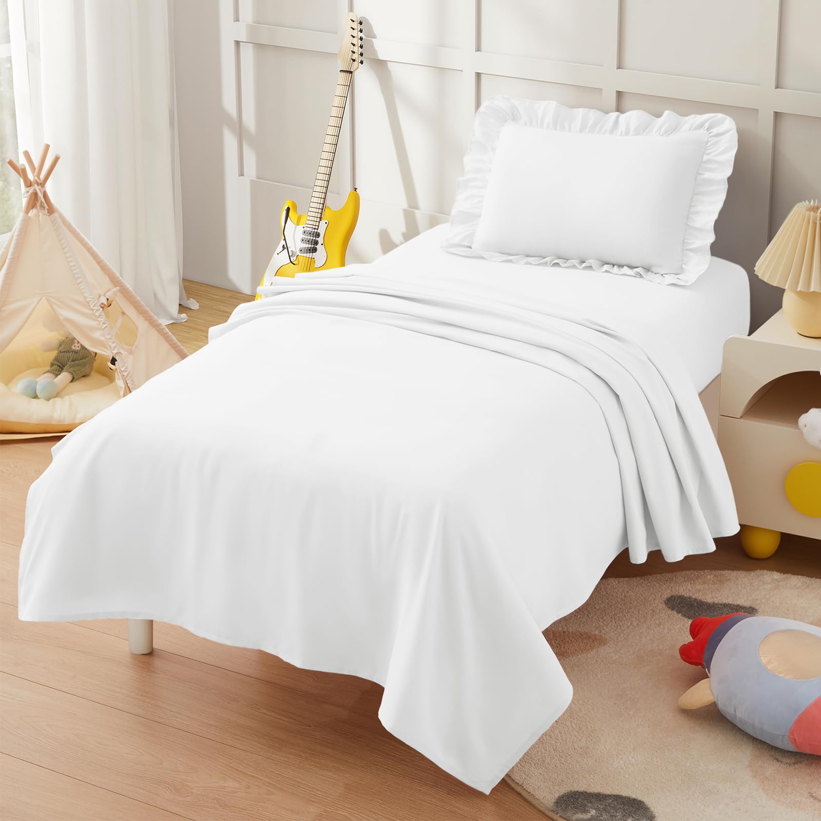 KKJIAF 3 Piece Toddler Sheet Set Microfiber, Includes a Flat Sheet, a Fitted Sheet and a Ruffle Pillowcase, White