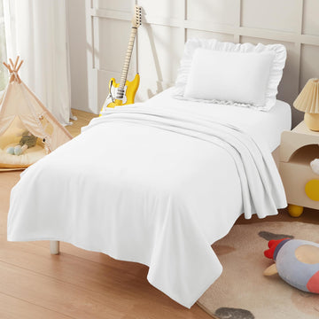 KKJIAF 3 Piece Toddler Sheet Set Microfiber, Includes a Flat Sheet, a Fitted Sheet and a Ruffle Pillowcase, White