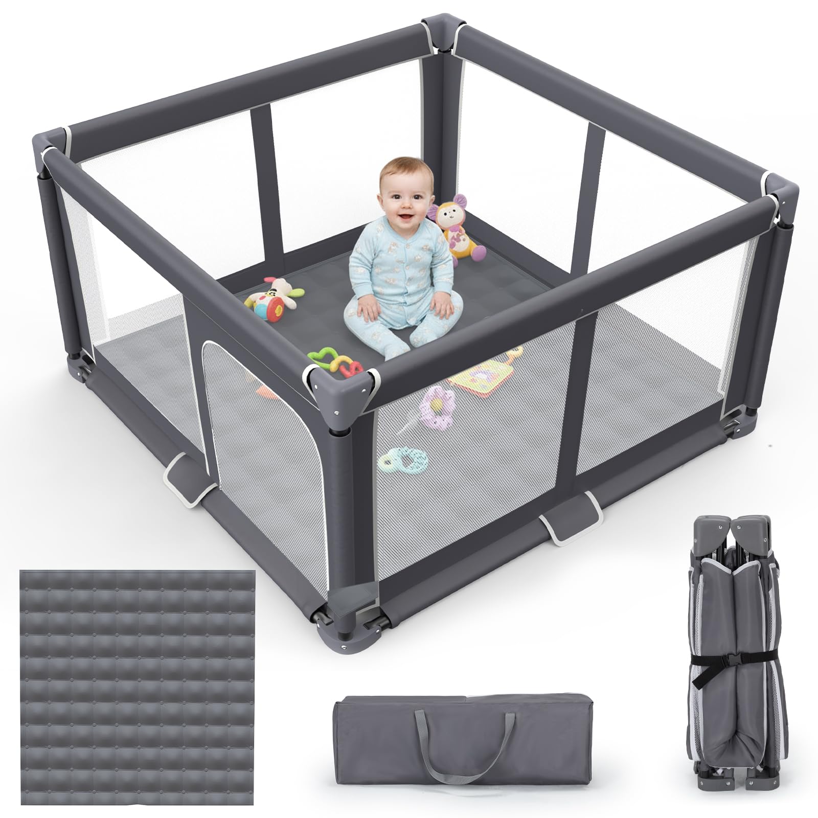Foldable Baby Playpen with Mat, 50x50 Safety Play Yard for Babies & Toddlers - Indoor & Outdoor Use with Carry Bag - Collapsible