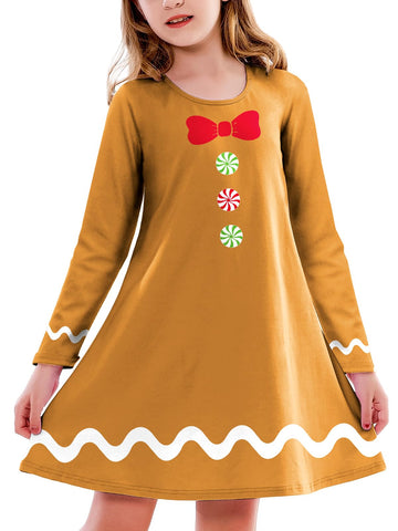 Kids Girls Christmas Dresses Classic Gingerbread Dress Xmas Long Sleeve Holiday Party Outfits 11-12 Years