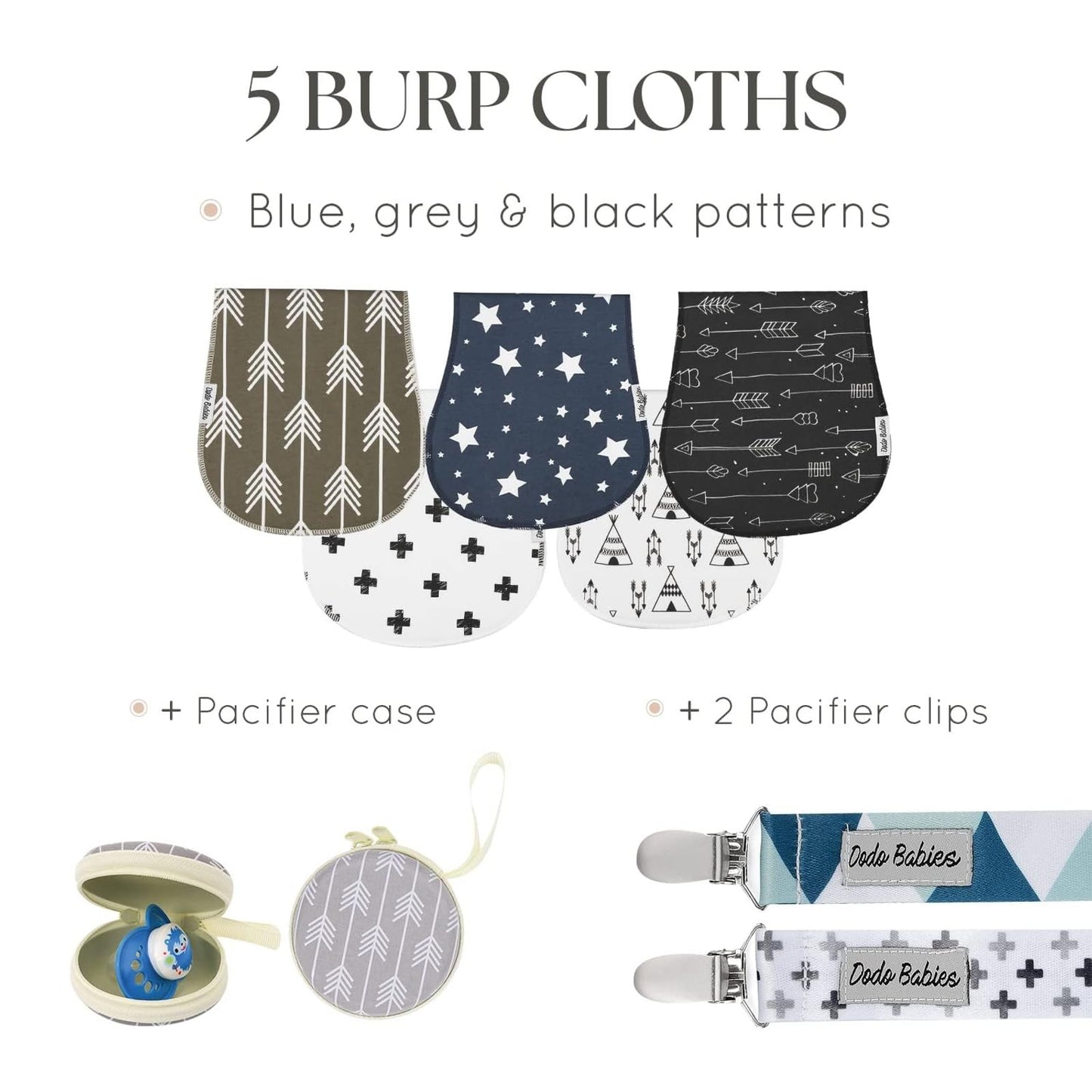 Dodo Babies 5-Pack Baby Burp Cloths - Soft, Absorbent Cotton Burp Cloths - includes Pacifier Case and 2 Pacifier Clips - Colors: