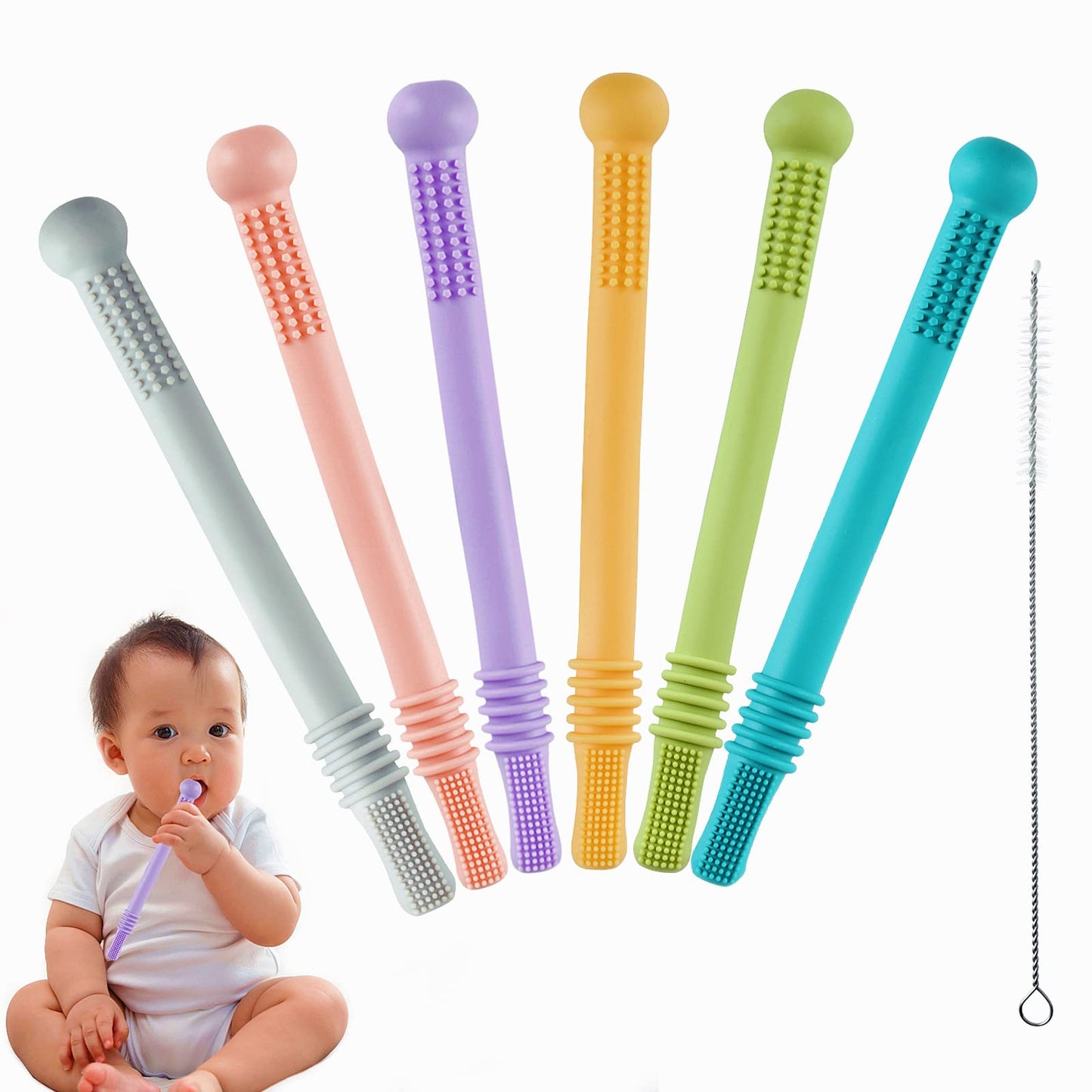 Chuya 6 Pack Hollow Teether Tube, Silicone Tubes Baby Teether Toys,Chew Straws Toy for 3-12 Months Babies Molars,Teething Relief