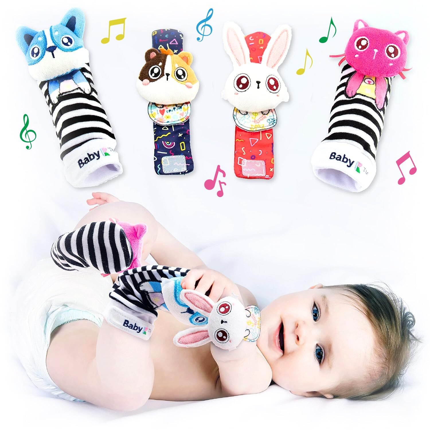BABY K Baby Rattle Socks for Girls & Boys (Pet Set) - Baby Toys 6-12 Months - Baby Wrist Rattles and Foot Rattles - Baby Toys fo