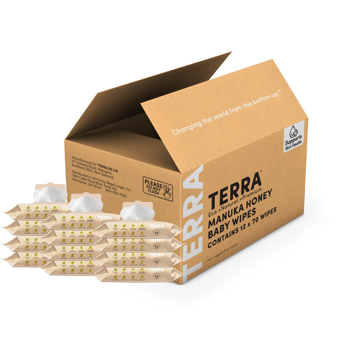 Terra Bamboo Baby Wipes: Manuka Honey, 99.5% Pure New Zealand Water, 100% Biodegradable Bamboo Fiber, 0% Plastic, Unscented Baby