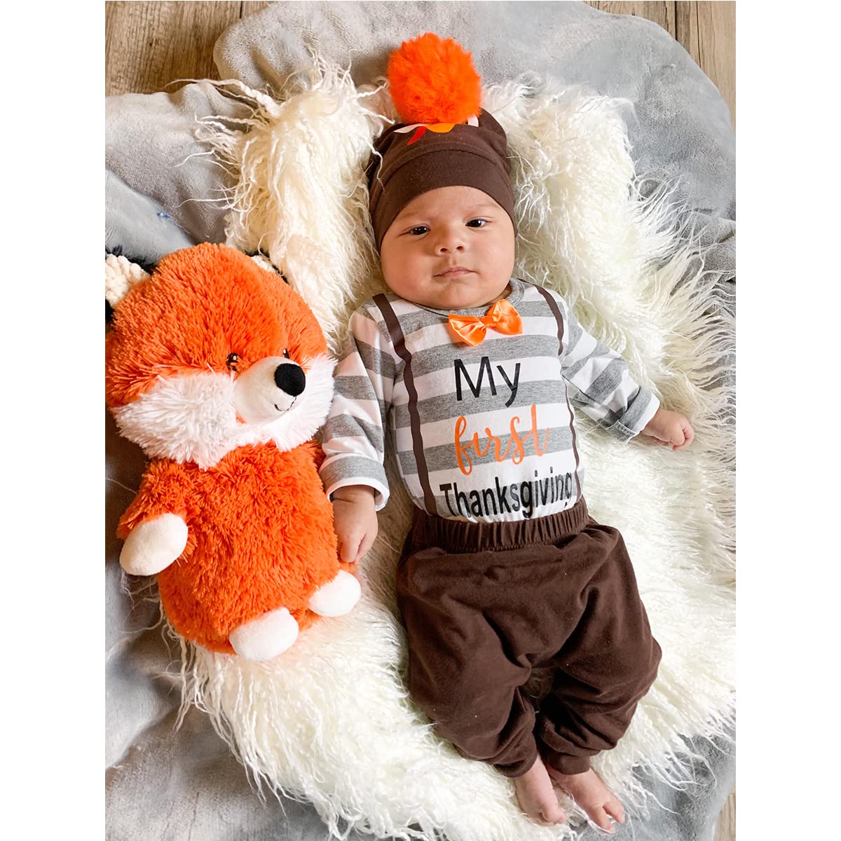 Detigee Baby Boy My 1St Thanksgiving Pant Set Newborn Turkey Bodysuit With Hat (Brown,0-3 Months)