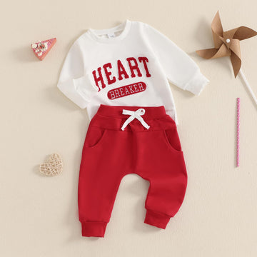 Baby Boy Valentines Day Outfit Long Sleeve Letter Print Crewneck Sweatshirt Pants My First Valentines Day Baby Boy Outfit (V-Whi