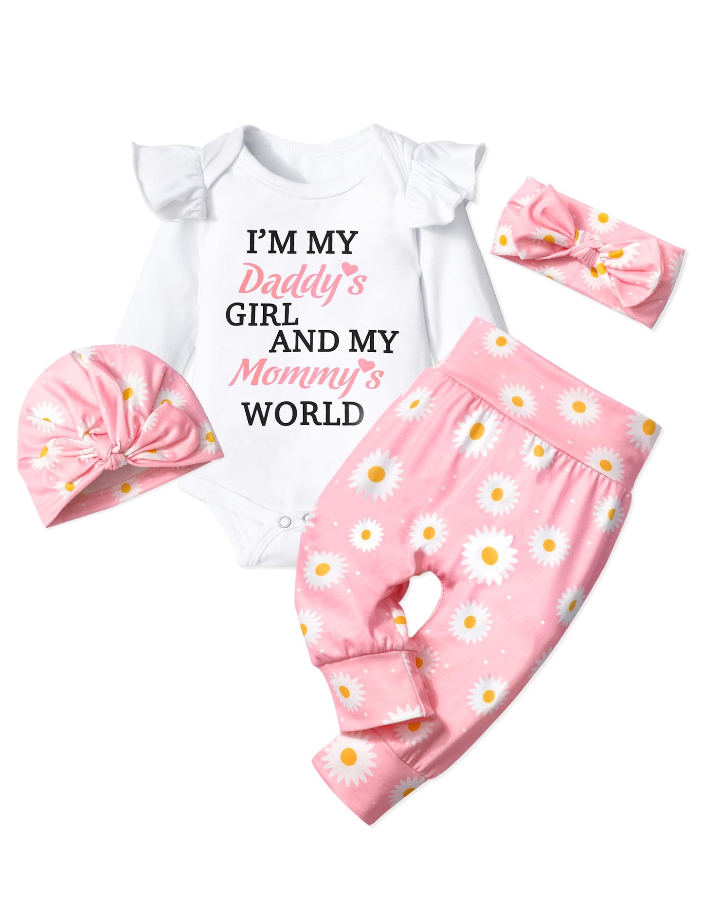 Tyesmo Baby Girl Clothes 3-6 Months Daddys Girl Mammy 'S World White Ruffle Long-Sleeve Top + Pants + Headband + Hat Baby Clothe