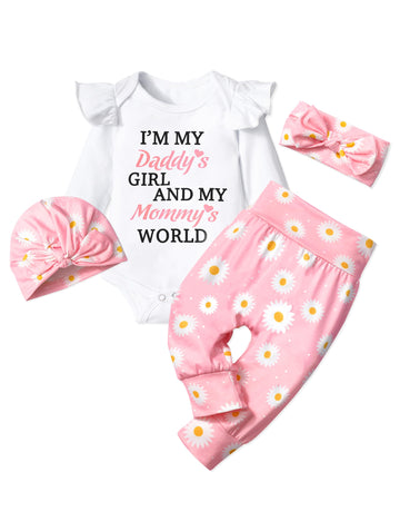Tyesmo Baby Girl Clothes 3-6 Months Daddys Girl Mammy 'S World White Ruffle Long-Sleeve Top + Pants + Headband + Hat Baby Clothe