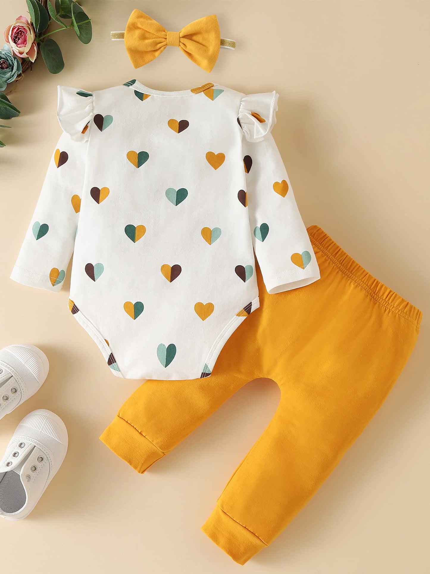 Fullfamous Newborn Baby Girl Clothes Gifts Outfits,Fall Winter Long Sleeve Romper And Pant Set Yellow Heart 0-3 Months