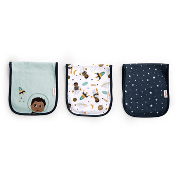 Little Muffincakes Burp Cloths 3 Pack Soft Knitted Jersey, Astronaut Space Theme (Ashton) Newborn & Up, Blue