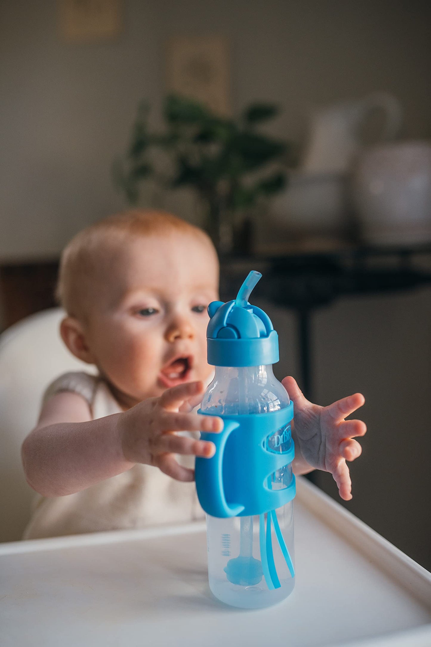 Dr. Brown'S Milestones Narrow Sippy Straw Bottle, Spill-Proof With 100% Silicone Handles And Weighted Straw, 8 Oz/250 Ml, Blue,