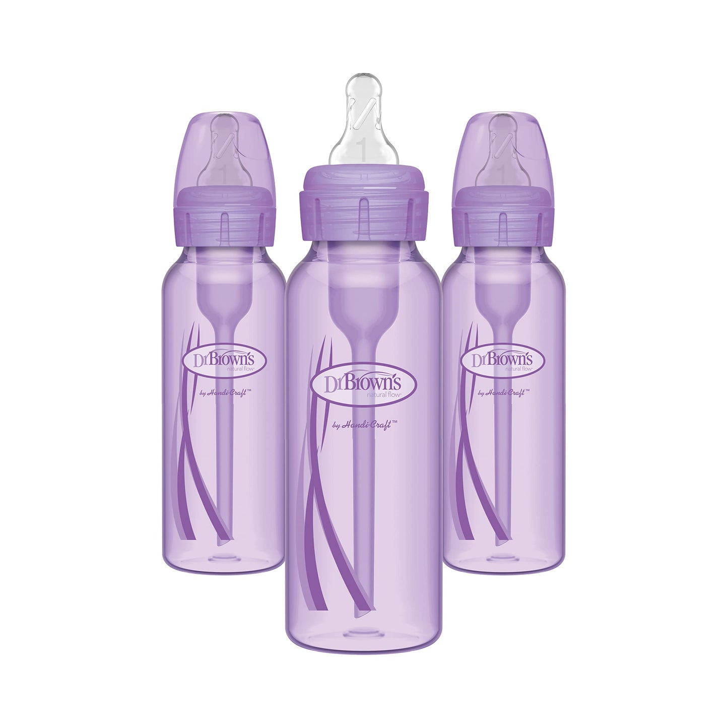 Dr. Browns Natural Flow Anti-Colic Options+ Narrow Baby Bottles 8 Oz/250 Ml, With Level 1 Slow Flow Nipple, 3 Pack, 0M+ Purple