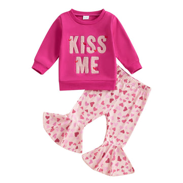 Iddolaka Toddler Baby Girls Valentines Day Outfits Long Sleeve Letter Sweatshirt Shirt Heart Flared Pants Spring Clothes (J-Viol