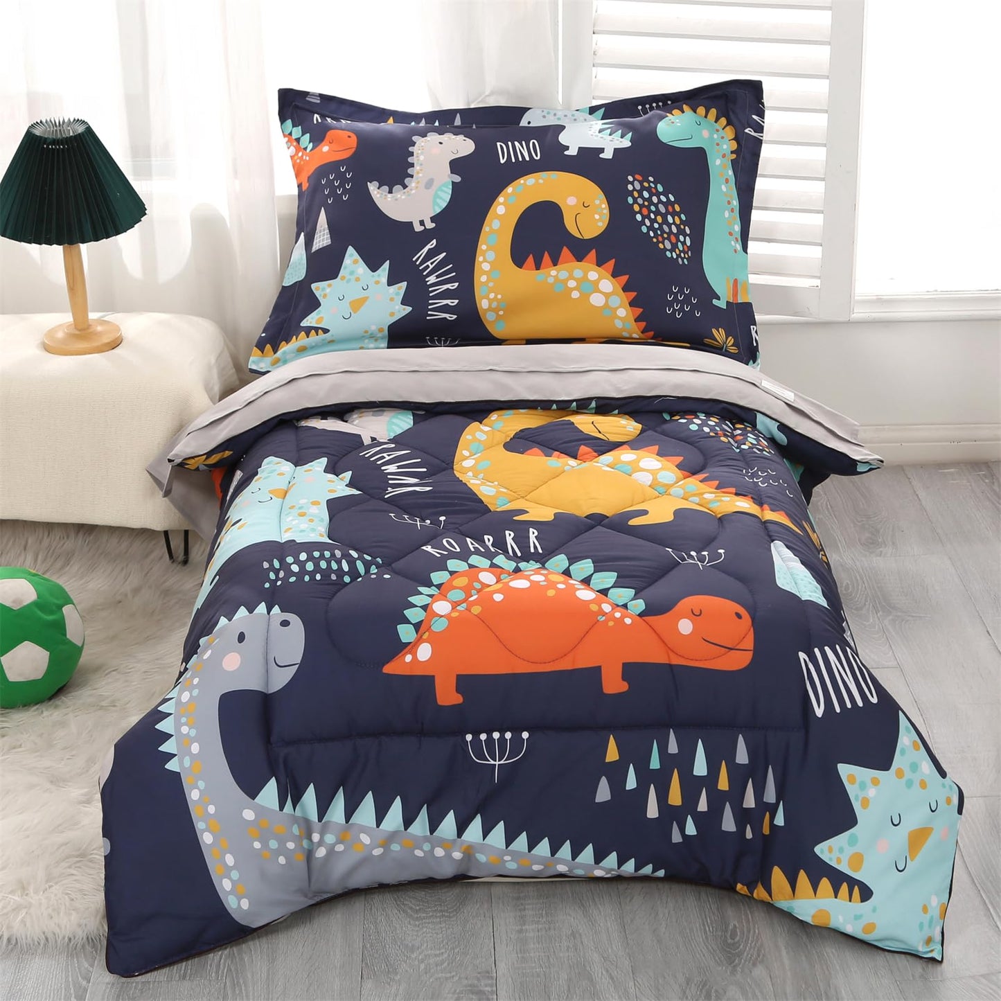 Wowelife Toddler Bedding Sets For Boys, Premium 4 Piece Dinosaur Toddler Comforter Set, Blue Grey Toddler Bed Set, Super Soft An