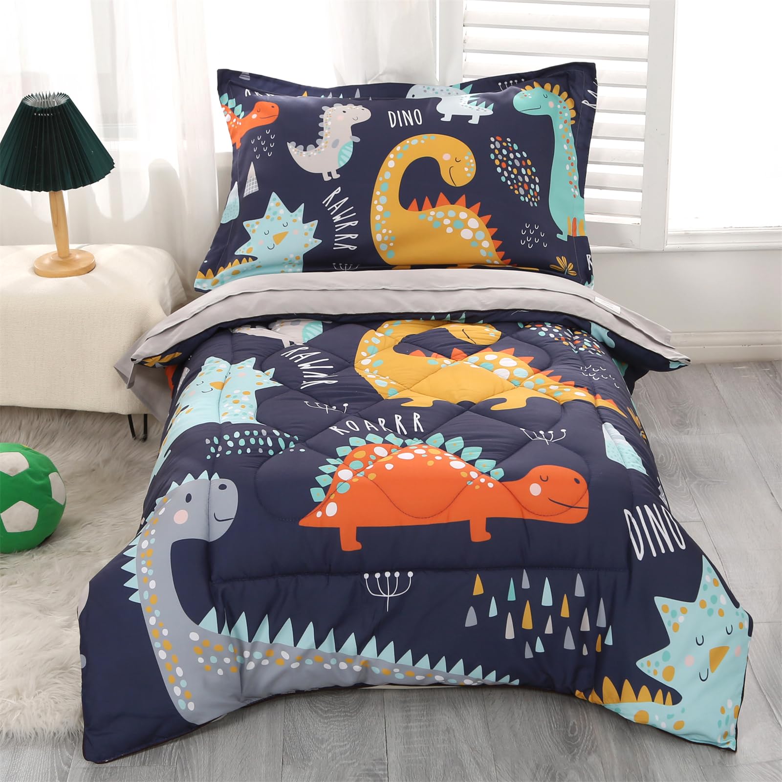 Wowelife Toddler Bedding Sets For Boys, Premium 4 Piece Dinosaur Toddler Comforter Set, Blue Grey Toddler Bed Set, Super Soft An