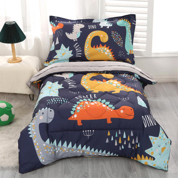 Wowelife Toddler Bedding Sets For Boys, Premium 4 Piece Dinosaur Toddler Comforter Set, Blue Grey Toddler Bed Set, Super Soft An